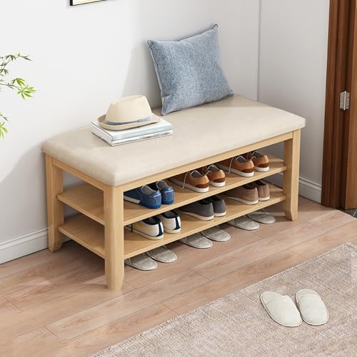 PZOFERLIN Bank zur Schuhaufbewahrung Schuhaufbewahrungsbank Ottomane mit Lederkissen Holzrahmen Multicolor Mehrere Größen(Wood Color,60cm/23.6in) von PZOFERLIN