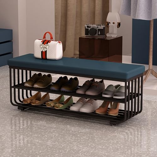 PZOFERLIN Bank zur Schuhaufbewahrung Schuhbank mit 3 Ebenen, gepolsterte Sitzfläche, Kunstleder, Metallrahmen, Mehrfarbig, Größen 60–120 cm(Dark Blue,60 * 30 * 45cm) von PZOFERLIN