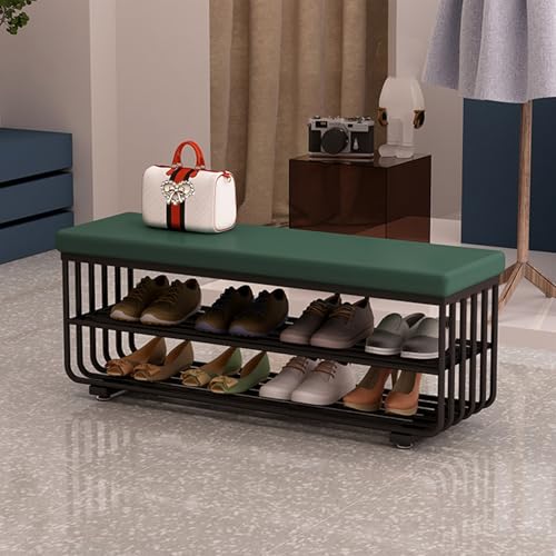 PZOFERLIN Bank zur Schuhaufbewahrung Schuhbank mit 3 Ebenen, gepolsterte Sitzfläche, Kunstleder, Metallrahmen, Mehrfarbig, Größen 60–120 cm(Dark Green,120 * 30 * 45cm) von PZOFERLIN