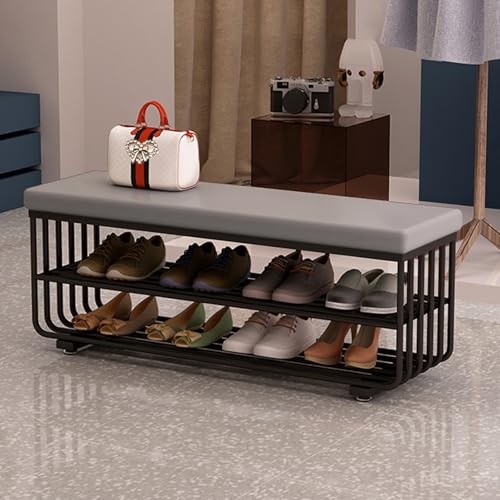 PZOFERLIN Bank zur Schuhaufbewahrung Schuhbank mit 3 Ebenen, gepolsterte Sitzfläche, Kunstleder, Metallrahmen, Mehrfarbig, Größen 60–120 cm(Grey,80 * 30 * 45cm) von PZOFERLIN