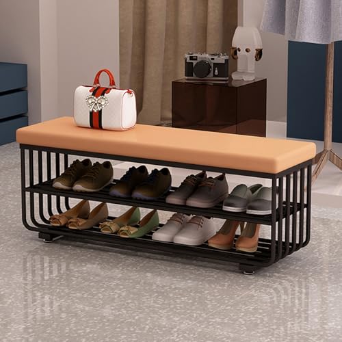 PZOFERLIN Bank zur Schuhaufbewahrung Schuhbank mit 3 Ebenen, gepolsterte Sitzfläche, Kunstleder, Metallrahmen, Mehrfarbig, Größen 60–120 cm(Orange,120 * 30 * 45cm) von PZOFERLIN