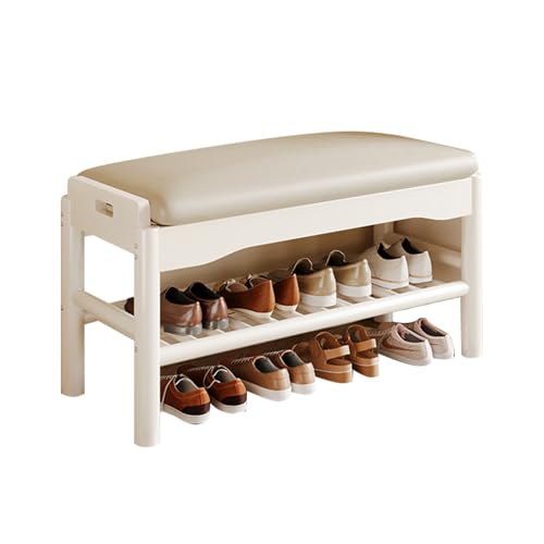 PZOFERLIN Bank zur Schuhaufbewahrung Schuhregal, Bank, Aufbewahrung mit Kissen, Massivholz, mehrere Farben, mehrere Größen(Cream White+White,80cm) von PZOFERLIN