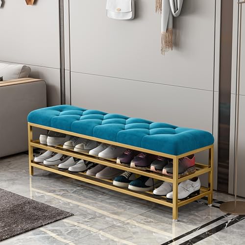 PZOFERLIN Bank zur Schuhaufbewahrung Schuhregal mit 3 Ebenen, Ottomane, Bank, gepolstert, Metallrahmen, 150 kg, Mehrfarbig, mehrere Größen(Blue,80 * 30 * 46cm) von PZOFERLIN