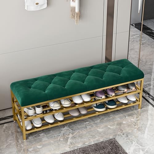 PZOFERLIN Bank zur Schuhaufbewahrung Schuhregal mit 3 Ebenen, Ottomane, Bank, gepolstert, Metallrahmen, 150 kg, Mehrfarbig, mehrere Größen(Green,80 * 30 * 46cm) von PZOFERLIN