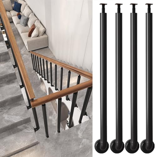 Treppe Geländerpfosten 4er-Pack runder Geländerspindelpfosten mit verstellbarer Halterung, Eisengeländersäule(Black,Height-65cm/25.5in) von PZOFERLIN