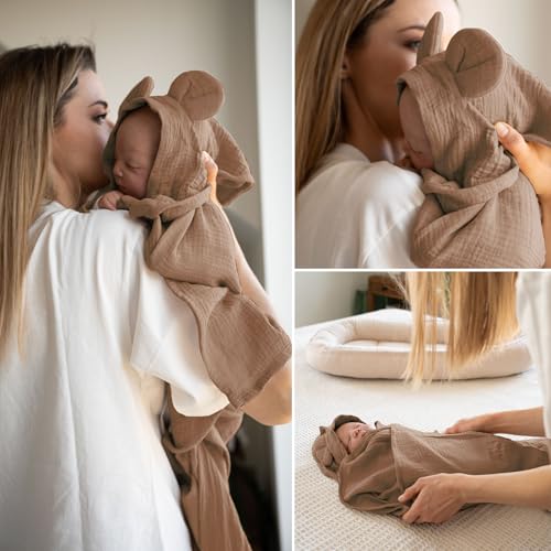 PaLulli® 100x100cm Baby Pucktuch Musselin Decken Zweischichtig - Handtuch mit Kapuze und eingenähten Ohren, Wickeln, 100% Naturreine Materialien, Antiallergisch, Atmungsaktive (Braun) von PaLulli