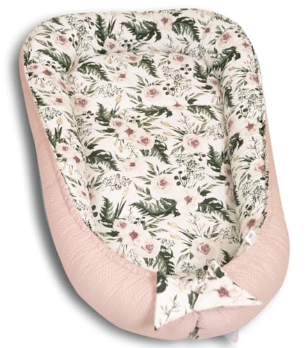 PaLulli 120x60 cm Babynest Babynestchen XXL Babykokon 2seitig 100% Baumwolle Kissen Nestchen für Babybett Reisebett für Baby und Säugling Pink Garden von PaLulli