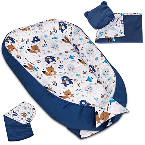 PaLulli 4-TLG Premium Velvet Baby Ausstattung-Set Kuschelnest Babynest 100x55cm herausnehmbarer Baby-Matratze, Kuscheldecke Flachkissen Babybett 100% Baumwolle Hypoallergisch (Aztec Bears) von PaLulli