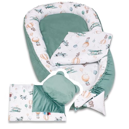 PaLulli 4-TLG Premium Velvet Baby Ausstattung-Set Kuschelnest Babynest 100x55cm herausnehmbarer Baby-Matratze, Kuscheldecke Flachkissen Babybett 100% Baumwolle Hypoallergisch (Baloon) von PaLulli