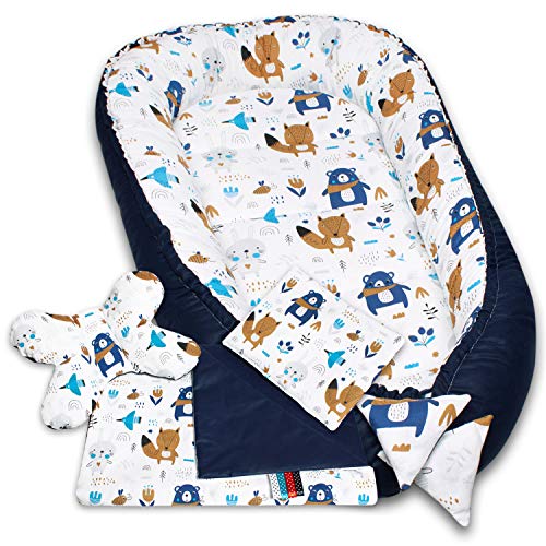 PaLulli 5-TLG Baby Ausstattung-Set Kuschelnest Babynest 95x55cm Baby-Matratze Kuscheldecke Flachkissen Babybett 100% Baumwolle Hypoallergisch Für 0-8 Monate Kopfkissen Dunkelblau Bears von PaLulli