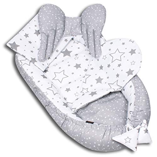 PaLulli 5-TLG Baby Ausstattung-Set Kuschelnest Babynest 95x55cm Baby-Matratze Kuscheldecke Flachkissen Babybett 100% Baumwolle Hypoallergisch Für 0-8 Monate Kopfkissen Grau Sterne von PaLulli