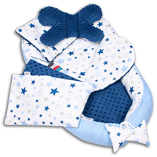 PaLulli 5-TLG Baby Ausstattung-Set Kuschelnest Babynest 95x55cm Baby-Matratze Kuscheldecke Flachkissen Babybett 100% Baumwolle Hypoallergisch Für 0-8 Monate Kopfkissen Milkyway dunkel blau von PaLulli