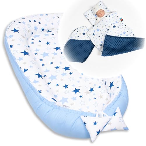 PaLulli Babynest 4-TLG Set 95x55 cm | Babyausstattung mit Matratze & Kuscheldecke | 100% Baumwolle, hypoallergen | Babybett Nestchen für Neugeborene 0-8 Monate (Milkyway dunkel blau) von PaLulli