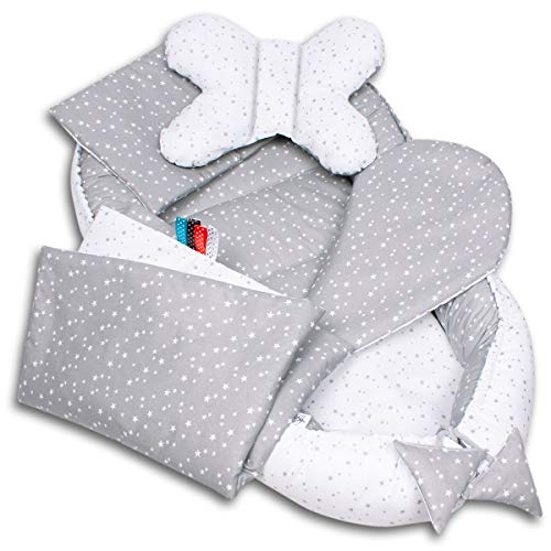 PaLulli 5-TLG Baby Ausstattung-Set Kuschelnest Babynest 95x55cm Baby-Matratze Kuscheldecke Flachkissen Babybett 100% Baumwolle Hypoallergisch Für 0-8 Monate Kopfkissen Kleine graue Sterne von PaLulli