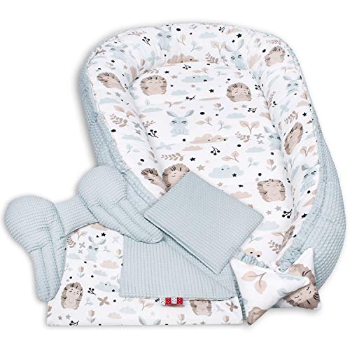 PaLulli 5-TLG Baby Ausstattung-Set Kuschelnest Babynest 95x55cm Baby-Matratze Kuscheldecke Flachkissen Babybett 100% Baumwolle Hypoallergisch Für 0-8 Monate Kopfkissen Animals Mint von PaLulli