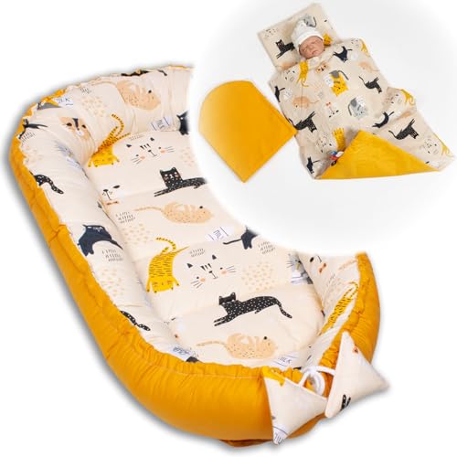 PaLulli Babynest 4-TLG Set 95x55 cm | Babyausstattung mit Matratze & Kuscheldecke | 100% Baumwolle, hypoallergen | Babybett Nestchen für Neugeborene 0-8 Monate (Beige Kätzchen) von PaLulli