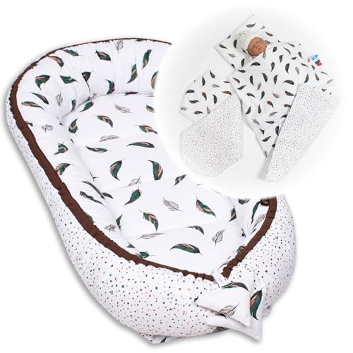 PaLulli Babynest 4-TLG Set 95x55 cm | Babyausstattung mit Matratze & Kuscheldecke | 100% Baumwolle, hypoallergen | Babybett Nestchen für Neugeborene 0-8 Monate (Federn) von PaLulli