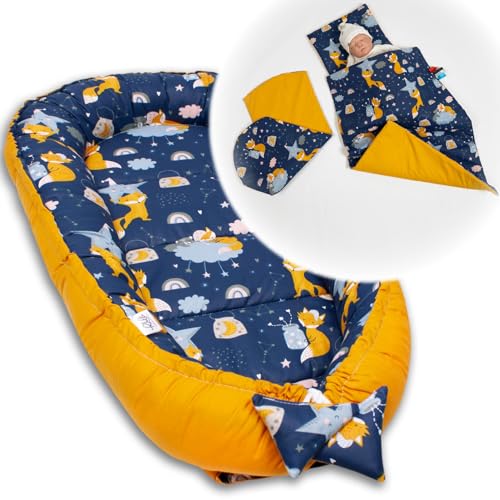 PaLulli Babynest 4-TLG Set 95x55 cm | Babyausstattung mit Matratze & Kuscheldecke | 100% Baumwolle, hypoallergen | Babybett Nestchen für Neugeborene 0-8 Monate (Füchse) von PaLulli