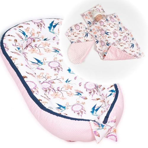 PaLulli Babynest 4-TLG Set 95x55 cm | Babyausstattung mit Matratze & Kuscheldecke | 100% Baumwolle, hypoallergen | Babybett Nestchen für Neugeborene 0-8 Monate (Rosa Schwalben) von PaLulli