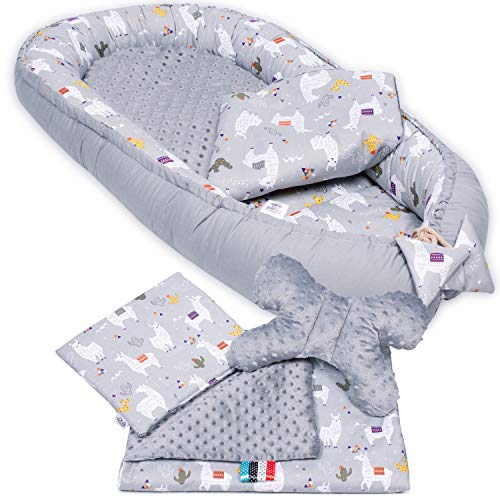 PaLulli 5-TLG Baby Ausstattung-Set Kuschelnest Babynest 95x55cm Baby-Matratze Kuscheldecke Flachkissen Babybett 100% Baumwolle Hypoallergisch Für 0-8 Monate Kopfkissen Lama Grau von PaLulli