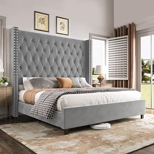 PaPaJet Queensize-Bettgestell, 156 cm hoch, Kopfteil, gepolstert, Samt, Plattformbett mit handgefertigten, tiefen Knöpfen, getuftet, kein Boxspringbett erforderlich, Grau von PaPaJet
