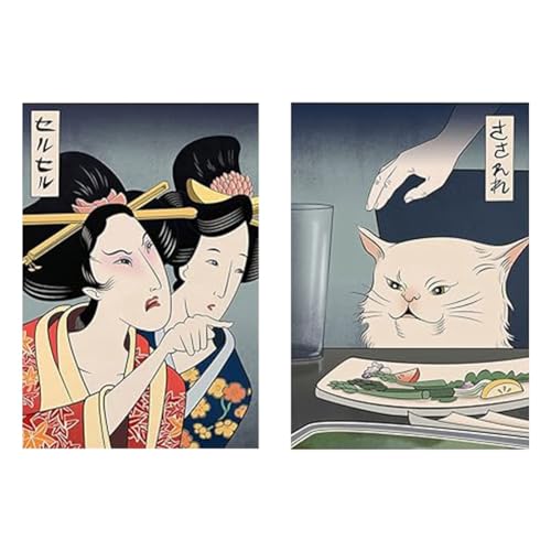 Paaruter L-Funny Japanerin Schreit Katze An, Leinwandgemälde, Wandkunst, Posterdruck für Heimdekoration, Langlebig, Einfache Installation, Einfach zu Verwenden von Paaruter