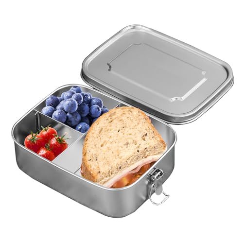 Brotdose Edelstahl mit 3 Fächern und Dichtring,1200ml Lunchbox Auslaufsicher,Vesperdose Butterbrotdose Lässig Brotdose Jausenbox Brotbox Metall für Erwachsene & Kinder Kindergarten Kita Schule von Pabbyeey