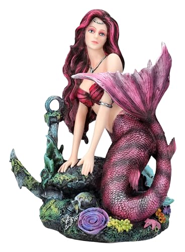 Pacific Giftware Meerjungfrauen Figur 'Morana auf Meeresgrund' 20cm - Rosafarbene Haare, Korallen & Anker, Fantasy Deko Elfe von Pacific Giftware