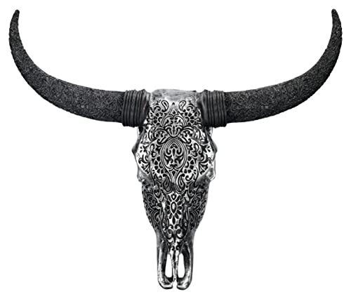 Pacific Giftware Wandrelief - Rinderschädel mit Verzierungen und schwarzen Hörnern | Trophäe Stier Bulle Longhorn Geweih Kopf von Pacific Giftware
