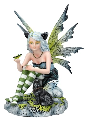 Pacific Giftware Zauberhafte Elfenfigur mit schwarzer Elfen-Katze - Fee mit Schmetterling, 16 cm, Fairy Statue Deko von Pacific Giftware