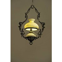 Vintage Alt Antik Jugendstil Messing & Milchglas Deckenbehang Kronleuchter Licht von PacificHub