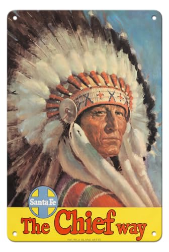 Chicago to California by Train – The Chief Way – Santa Fe Railroad – Indianer mit Adler-Kopfkleid – Vintage-Reise-Poster ca. 1950er – 20,3 x 30,5 cm Vintage Metall-Blechschild von Pacifica Island Art