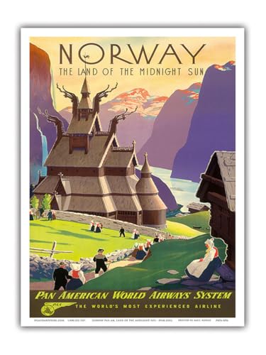 Ivar Gull c.1939 Poster, Motiv: Norwegen, das Land der Mitternachtssonne – Stabkirche – Pan-American World Airways System – Vintage-Airline-Reiseposter von Ivar Gull c.1939 – Meister-Kunstdruck, von Pacifica Island Art