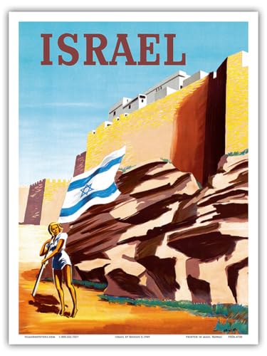 Maurice Renluc c.1949 Poster, Motiv: zionistisches heldenhaftes Mädchen mit israelischer Flagge, Vintage-Stil, 22,9 x 30,5 cm von Pacifica Island Art