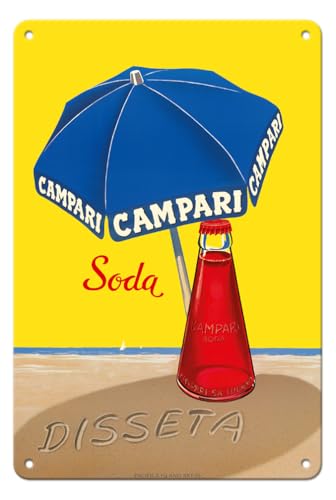 Pacifica Island Art - 22 x 30 cm Metallschild - Campari Soda - Erfrischend - Blauer Sonnenschirm - Retro Werbeplakat von A. Traub c.1930s von Pacifica Island Art