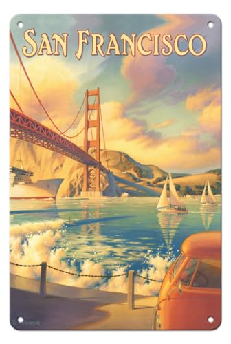 Pacifica Island Art - 22 x 30 cm Metallschild - San Franzisko, Kalifornien - Golden Gate Brücke - Marin Headlands - Retro Weltreise Plakat von Kerne Erickson von Pacifica Island Art
