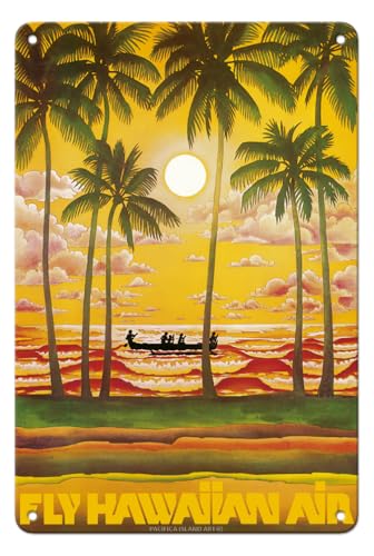 Pacifica Island Art Hawaii - Fly Hawaiian Air - Hawaiian Airlines - Vintage Airline Travel Poster c.1960 - Kunstdruck 8x12 in Tin Sign Mehrfarbig von Pacifica Island Art