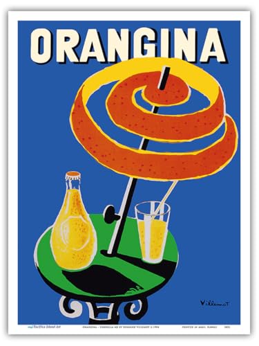 Pacifica Island Art Orangina - Sonnenschirm Reklame - Altes Vintage Retro Werbeplakat von Bernard Villemot c.1984 - Kunstdruck - 23cm x 31cm von Pacifica Island Art