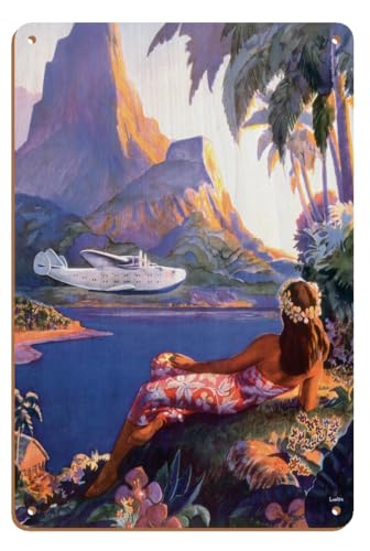 Poster "Fly to South Seas Isles via Pan American - Pan American Airways (PAA) Hawaii - Vintage Fluggesellschaft Reise Poster von Paul George Lawler c.1940s - 20,3 x 30,5 cm Vintage Wood Art Sign von Pacifica Island Art