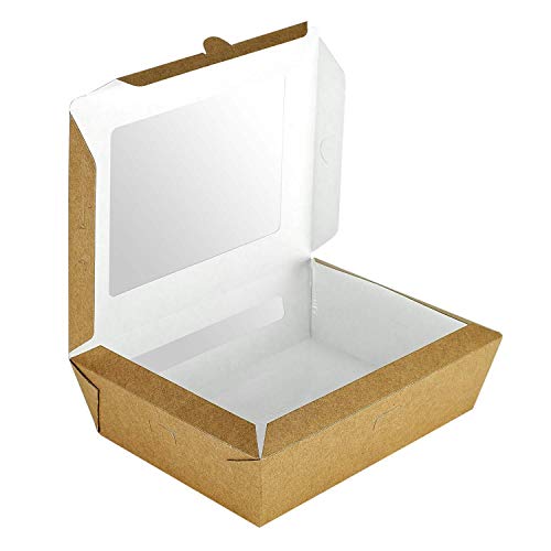 Pack&Cup Bio Essensschachtel – Kartonschachtel - Salatschachtel – Einwegschachtel - Einwegbox - Lunch Box - Snack Box - DUOBOX mit Zwei Fenster - Kraft - 1000ml - 200 Stück von Pack & Cup