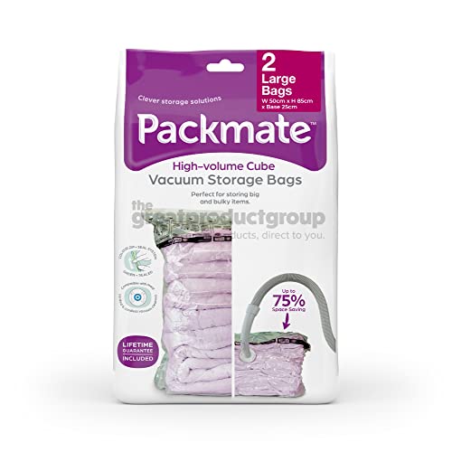 Packmate - 2 große (85 x 50 x 25 cm) Würfel-Vakuum-Aufbewahrungsbeutel – großes Volumen-Unterbett- und Schrank-Aufbewahrungstasche für Doppelbett, Kleidung und Bettdecken – mit Aufbewahrungsbox von Packmate