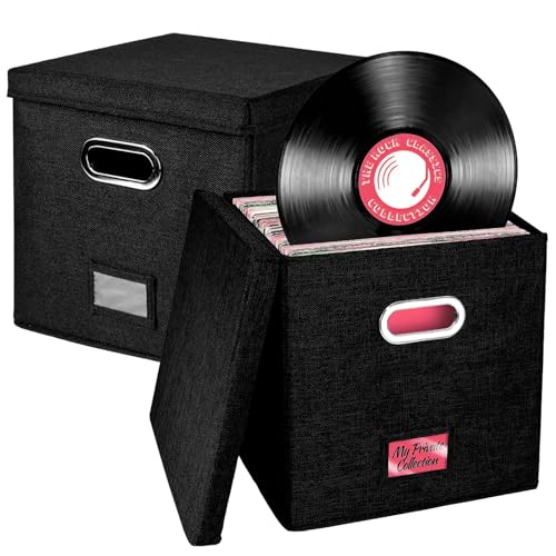 Packool 2 Stück Aufbewahrungsboxen für Schallplatten, 13 Zoll große Schwarze Leinenstoffhülle für über 100 LP-Alben, Faltbare Organizer-Kiste in Würfelform mit Deckel, stapelbare Box Packool 2 Stück Aufbewahrungsboxen für Schallplatten, 13 Zoll große Schwarze Leinenstoffhülle für über 100 LP-Alben, Faltbare Organizer-Kiste in Würfelform mit Deckel, stapelbare Box von Packool