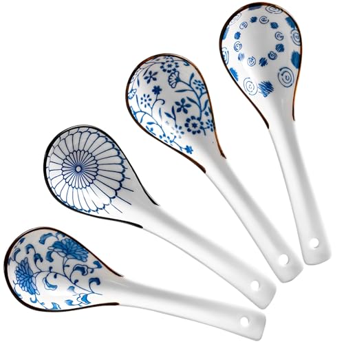 Packool 4-teiliges Japanisches Suppenlöffel-Set aus Keramik, blau-weißes Ramen-Löffel-Set, Verschiedene Schöpflöffel mit Blumenmuster für asiatische Nudelsuppe, 15,5 x 4,5 cm (6,1 x 1,8 Zoll) von Packool