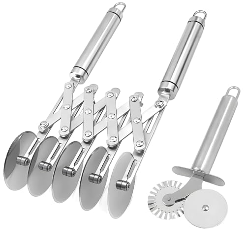 Packool Robuster Teigschneider mit 5 Rädern, Nudelschneider aus Edelstahl, inklusive kleinem Pizzaschneider mit Wellenschliff, ideal für Bäcker und Köche, Verstellbarer Teigteiler mit Mehreren Rädern von Packool