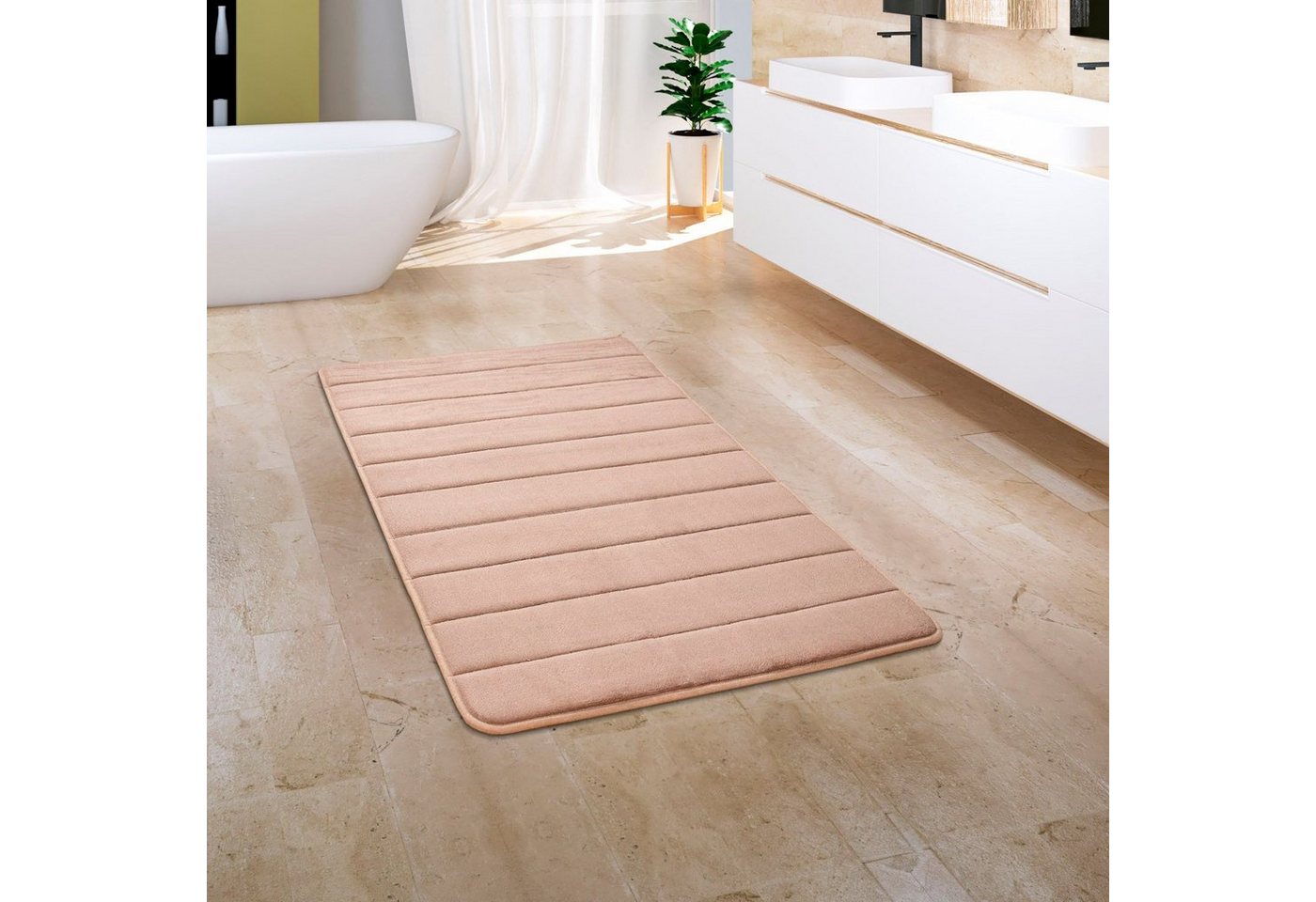 Badematte Corby 252 Paco Home, Höhe 13 mm, rutschhemmend beschichtet, fußbodenheizungsgeeignet, Polyester, rechteckig, Badteppich, gestreift, Hoch-Tief Effekt, Memory-Foam Effekt von Paco Home