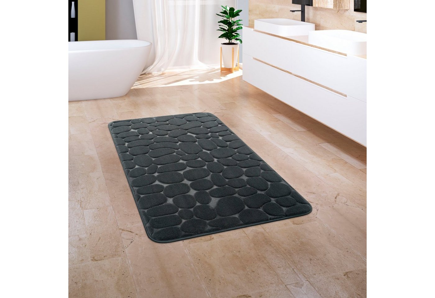 Badematte Corby 256 Paco Home, Höhe 13 mm, rutschhemmend beschichtet, fußbodenheizungsgeeignet, Polyester, rechteckig, Badteppich, Uni Farben, Motiv Steine, Hoch-Tief Effekt von Paco Home