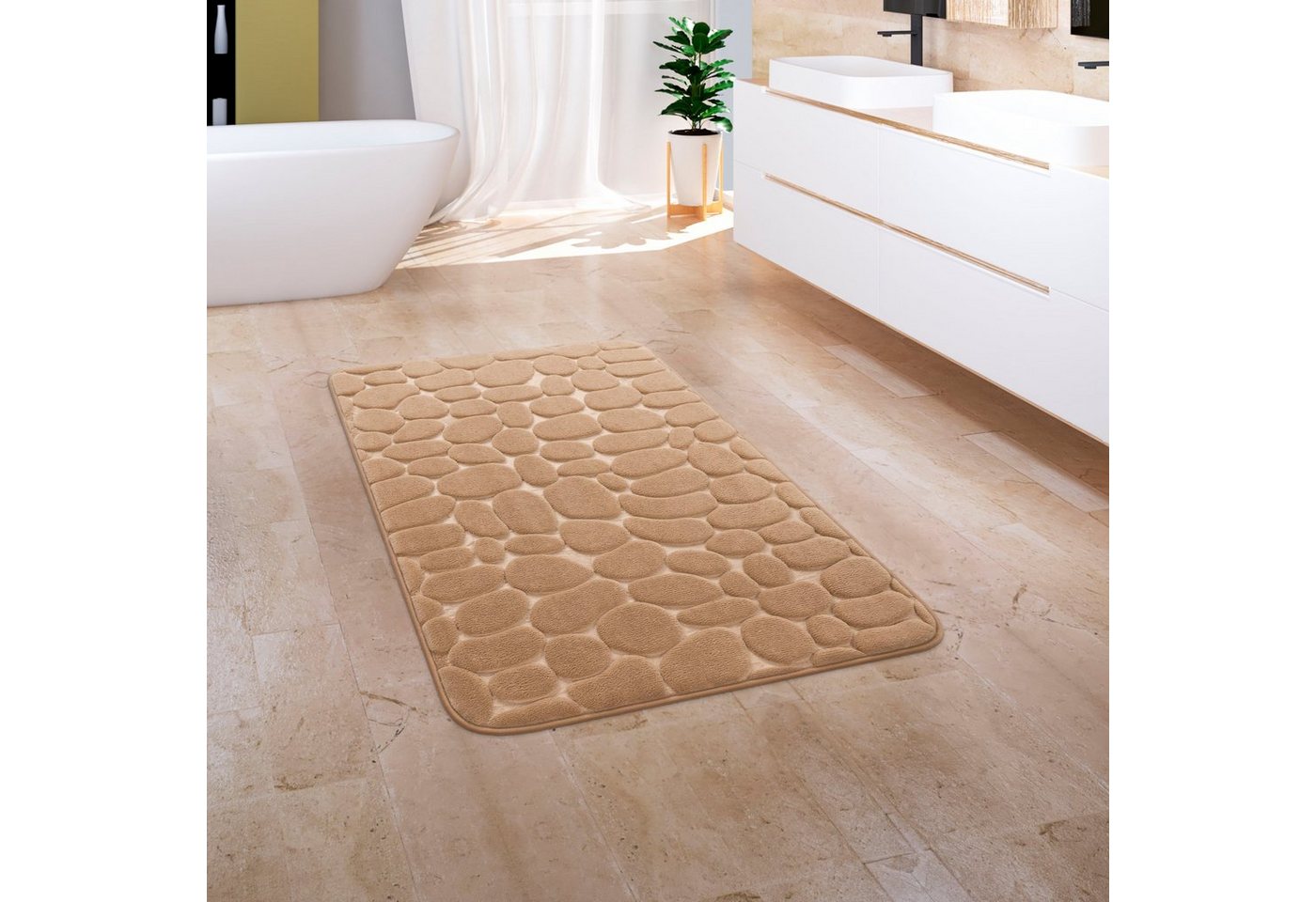 Badematte Corby 256 Paco Home, Höhe 13 mm, rutschhemmend beschichtet, fußbodenheizungsgeeignet, Polyester, rechteckig, Badteppich, Uni Farben, Motiv Steine, Hoch-Tief Effekt von Paco Home