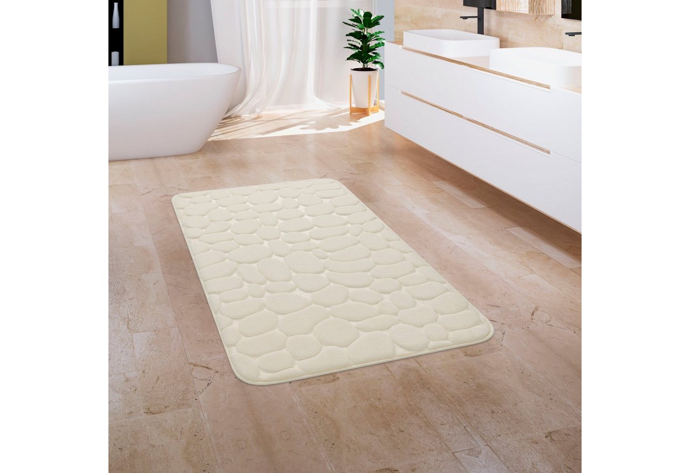 Badematte Corby 256 Paco Home, Höhe 13 mm, rutschhemmend beschichtet, fußbodenheizungsgeeignet, Polyester, rechteckig, Badteppich, Uni Farben, Motiv Steine, Hoch-Tief Effekt von Paco Home