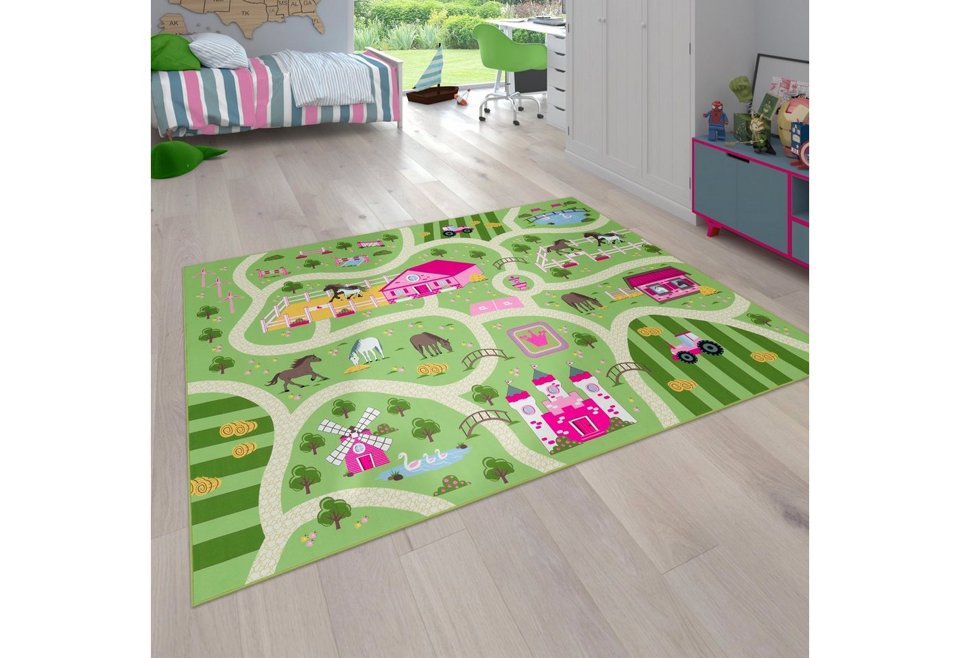 Kinderteppich Bino 560, Paco Home, rechteckig, Höhe: 4 mm, Kurzflor, Straßen-Spiel-Teppich, Motiv Bauernhof, Kinderzimmer von Paco Home