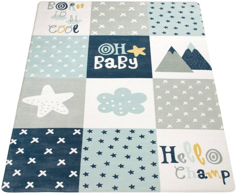 Paco Home Kinderteppich Chicos 554, rechteckig, Höhe: 2 mm, Flachgewebe, mit Schriftzug & Regenbogen oder Sternen, Pastell-Farben von Paco Home